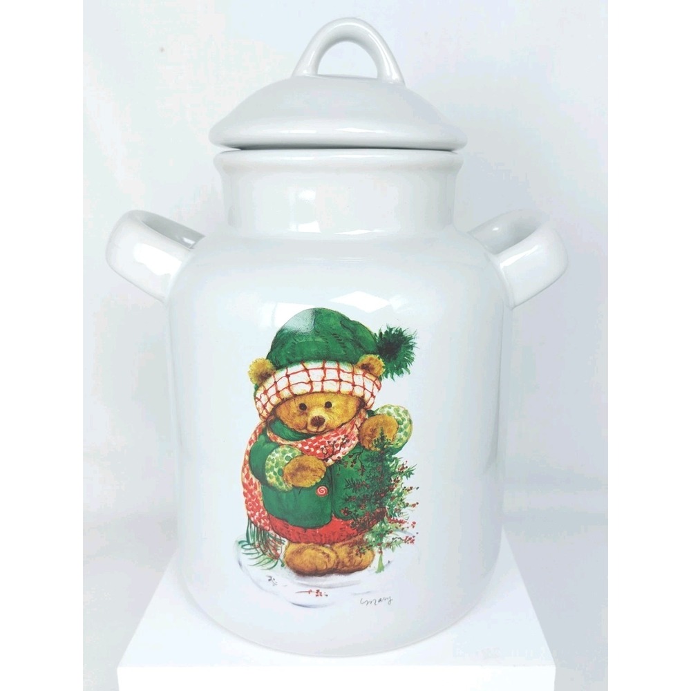 Vtg Hallmark Christmas Teddy Bear Holly Canister Jar Lid‎ Handles 9"